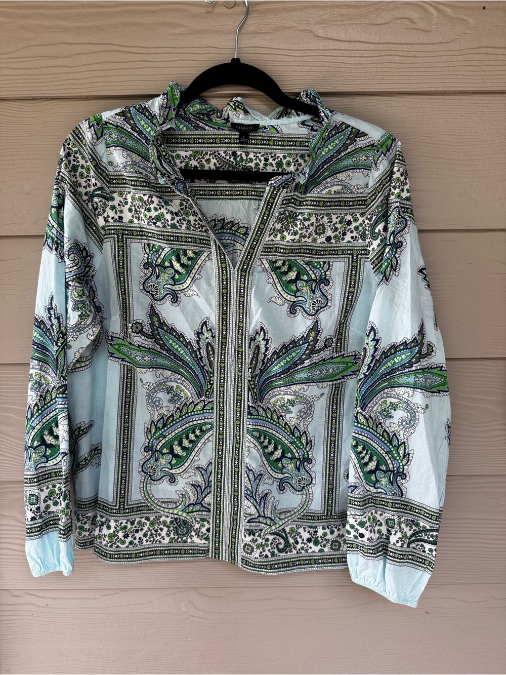 Talbots Blouse Large Women’s Blue Green Paisley Print Ruffle Neck Long Sleeve